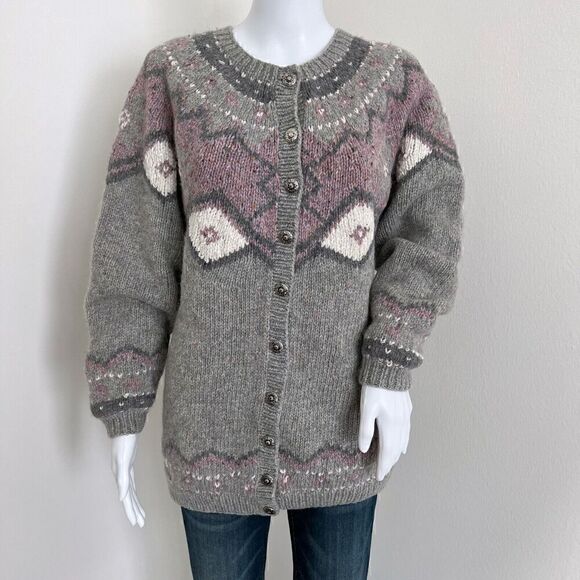 Vintage Marsh Landing Women Cardigan Size S Shetland Wool Hand Knit Gray Pink - Picture 1 of 7